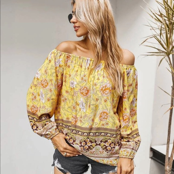 Tops - Boho floral print off shoulder blouse- Yellow